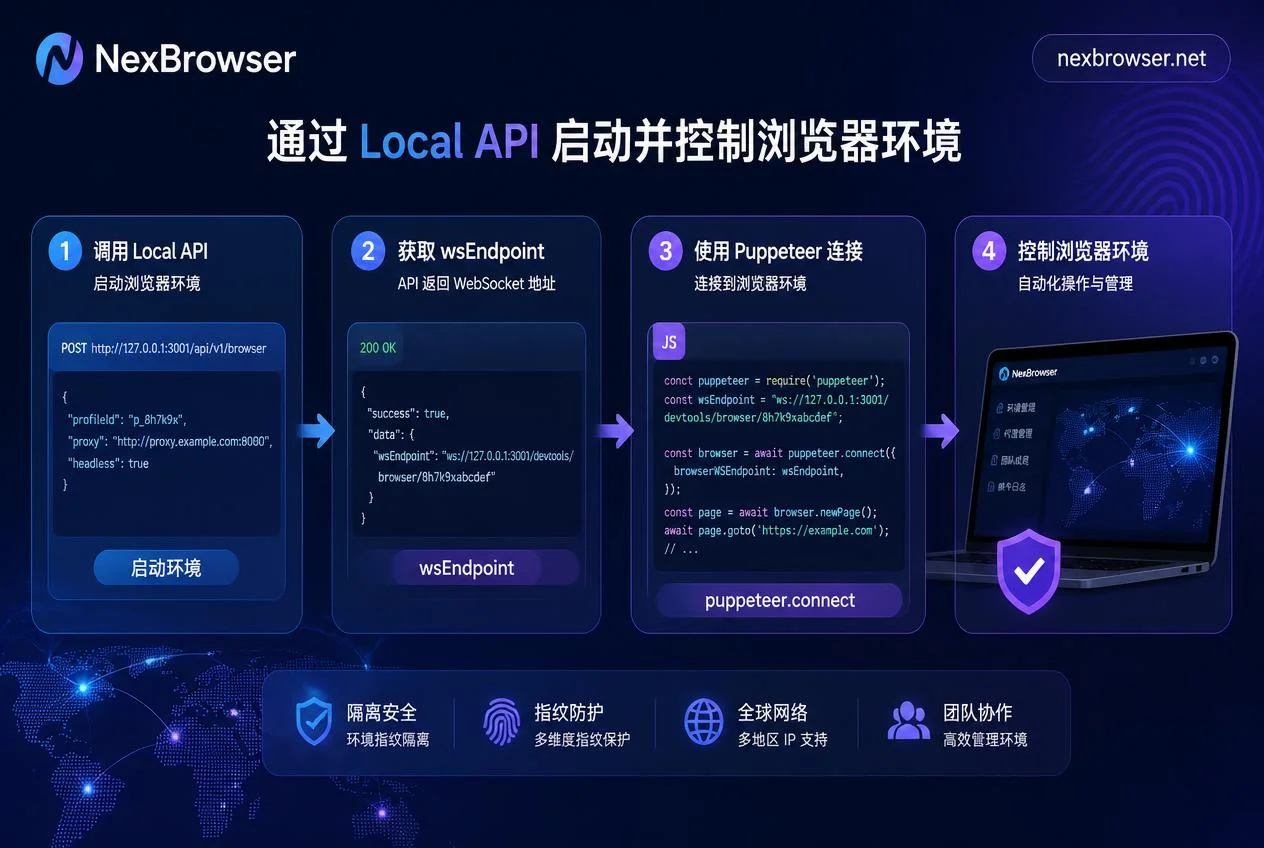 Flow of starting fingerprint browser Local API and obtaining wsEndpoint