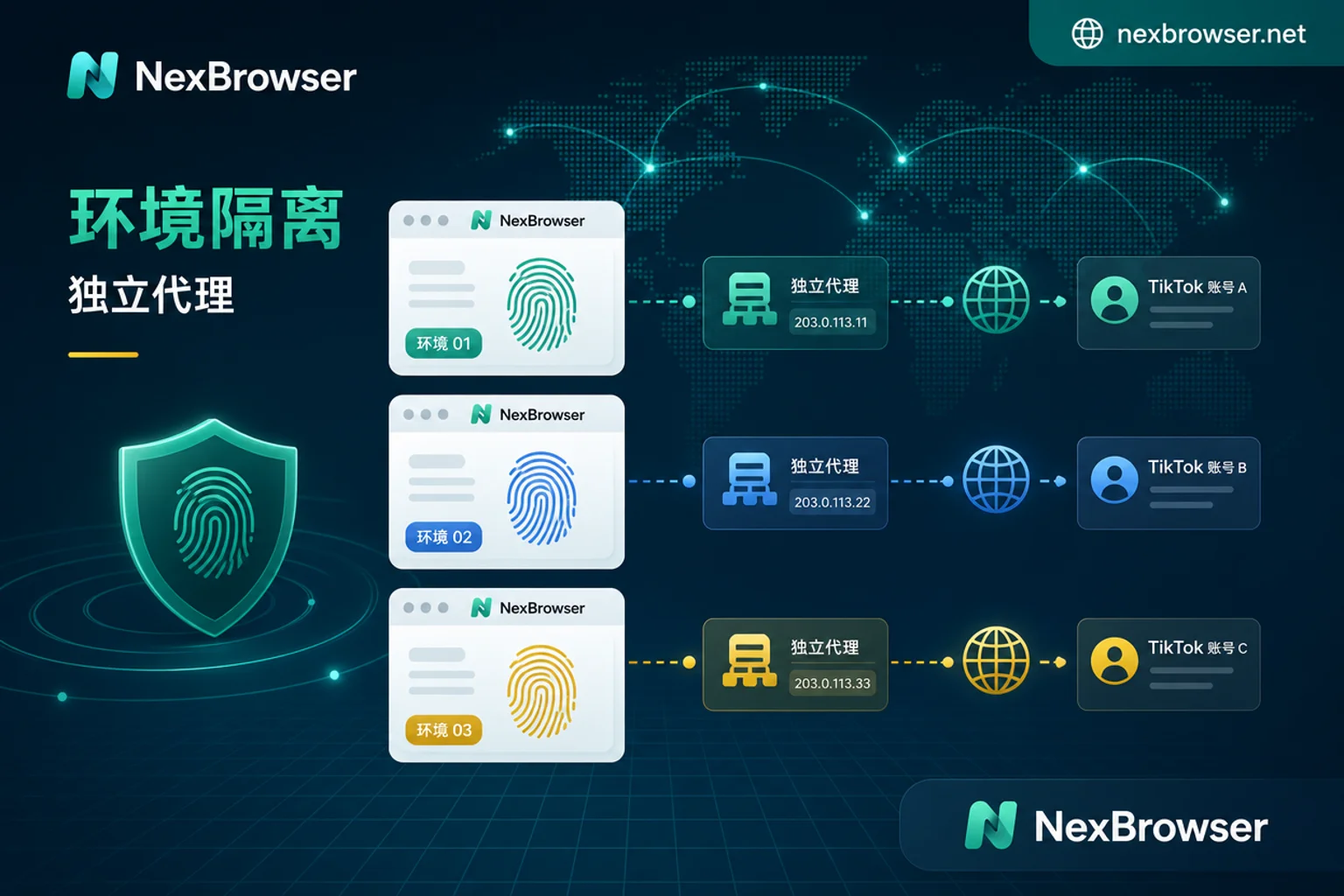 NexBrowser TikTok多账号环境隔离架构图 NexBrowser TikTok多账号环境隔离架构图
