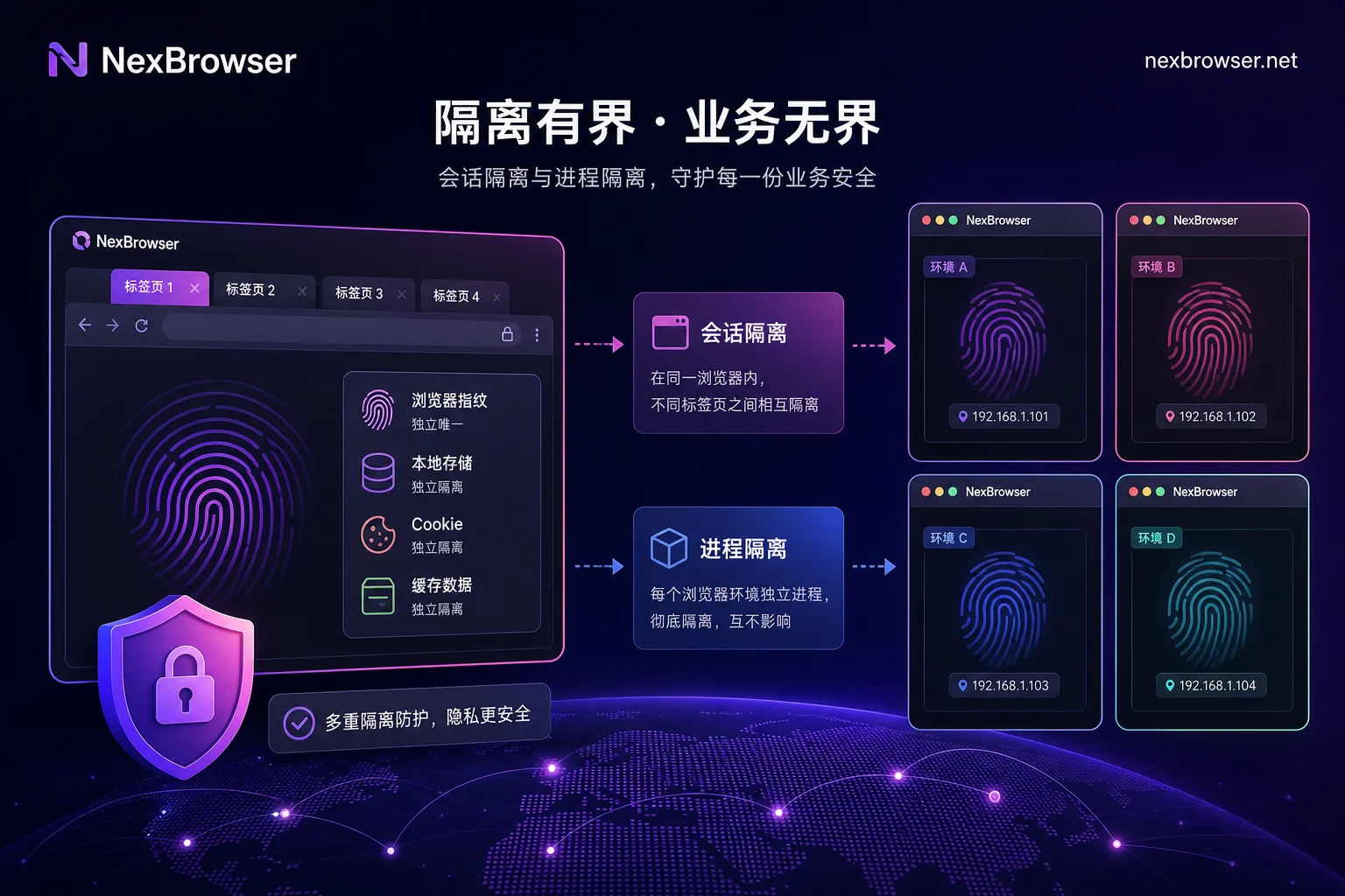 多会话工具与防关联浏览器的隔离层级对比图 多会话工具与防关联浏览器的隔离层级对比图