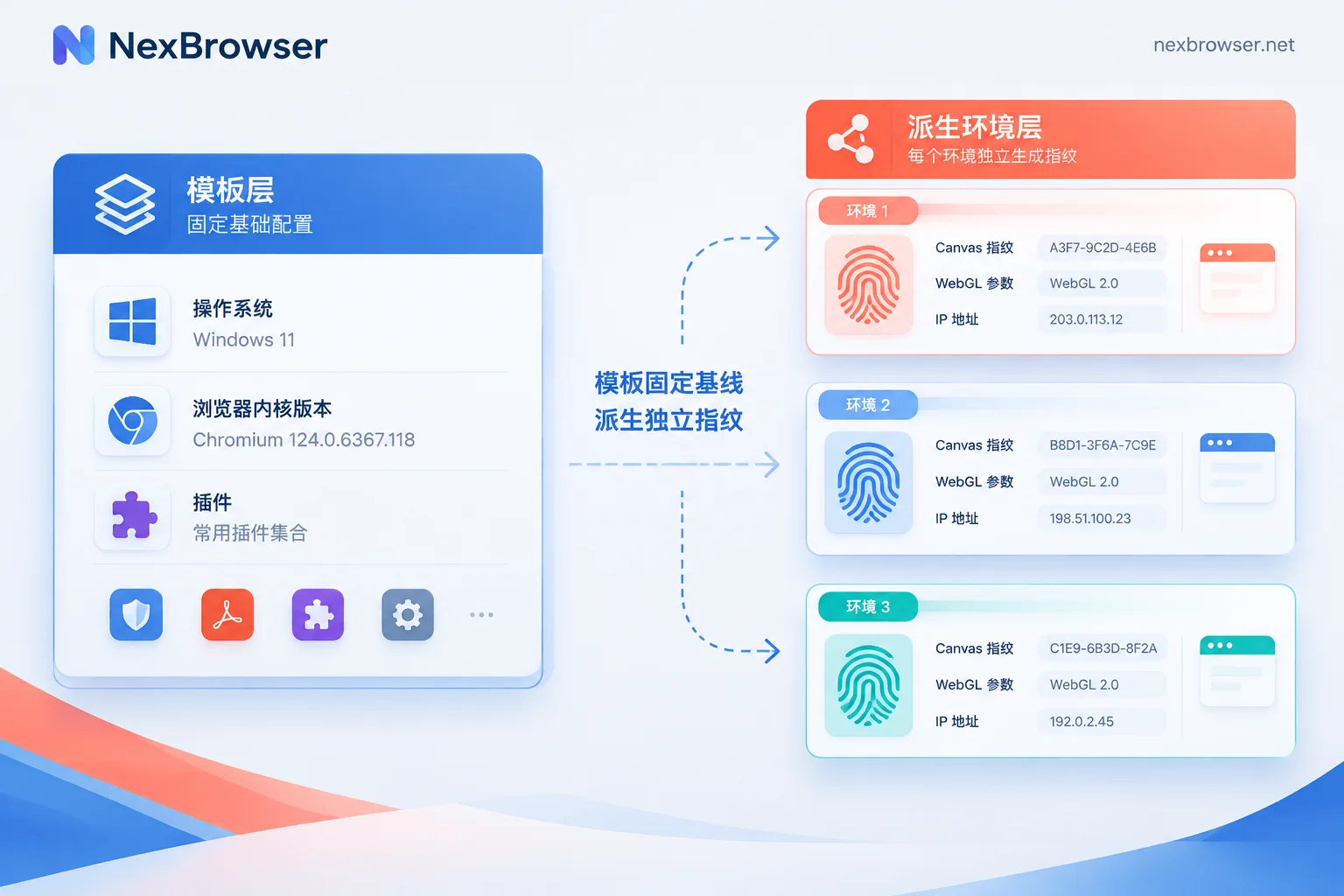 模板保存基线配置,派生时独立生成指纹参数的分层示意 模板保存基线配置,派生时独立生成指纹参数的分层示意