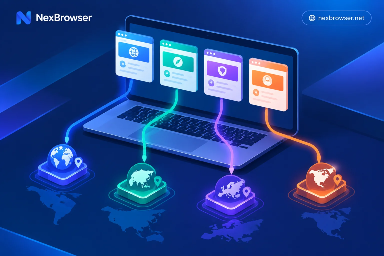 Diagram of four mutually isolated browser environments on one computer, each connected to a different exit network