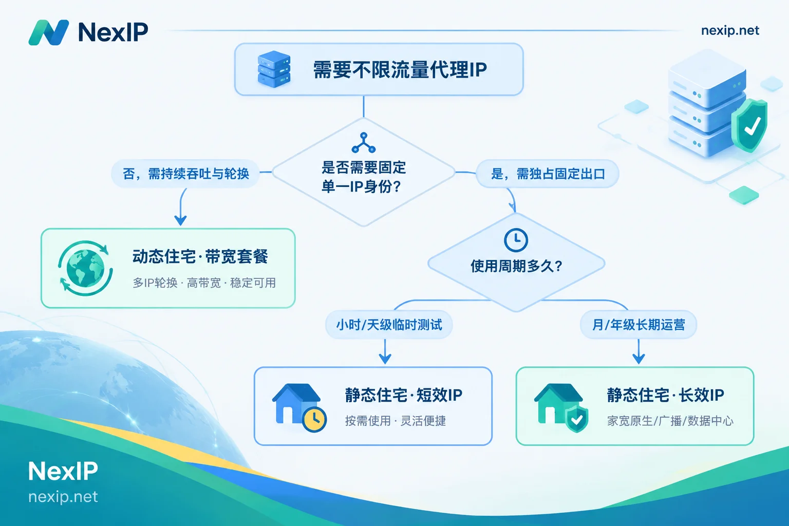 NexIP不限流量代理IP选型决策流程图 NexIP不限流量代理IP选型决策流程图