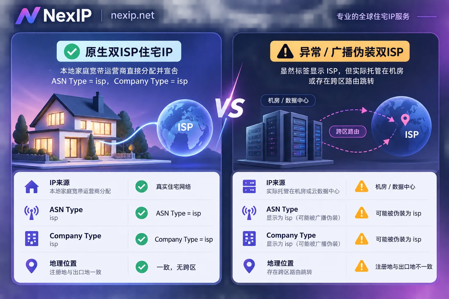 Comparison of routing structures between native dual-ISP residential IPs and data center broadcast fake dual-ISP Comparison of routing structures between native dual-ISP residential IPs and data center broadcast fake dual-ISP