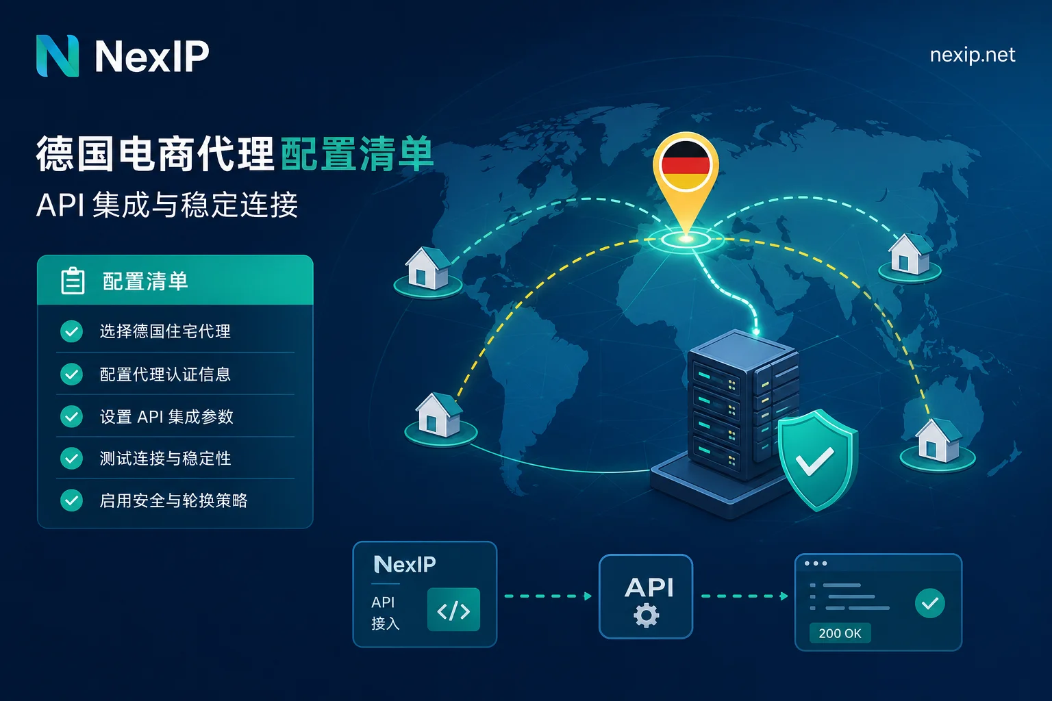 德国住宅IP代理配置与API集成示意图