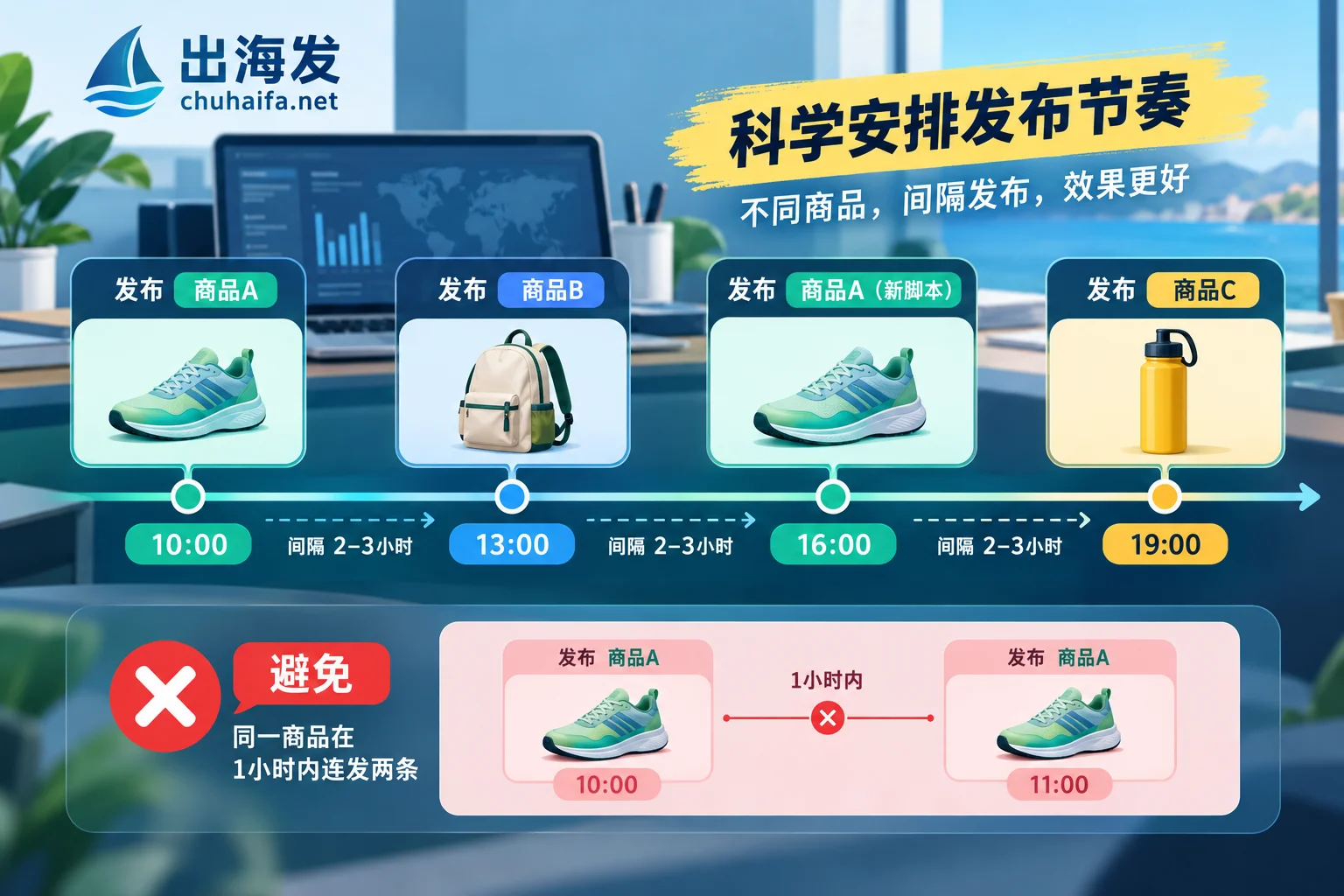 稳定期账号一天发布4条带货视频的排期示例：间隔2到3小时，同一商品不在1小时内连发