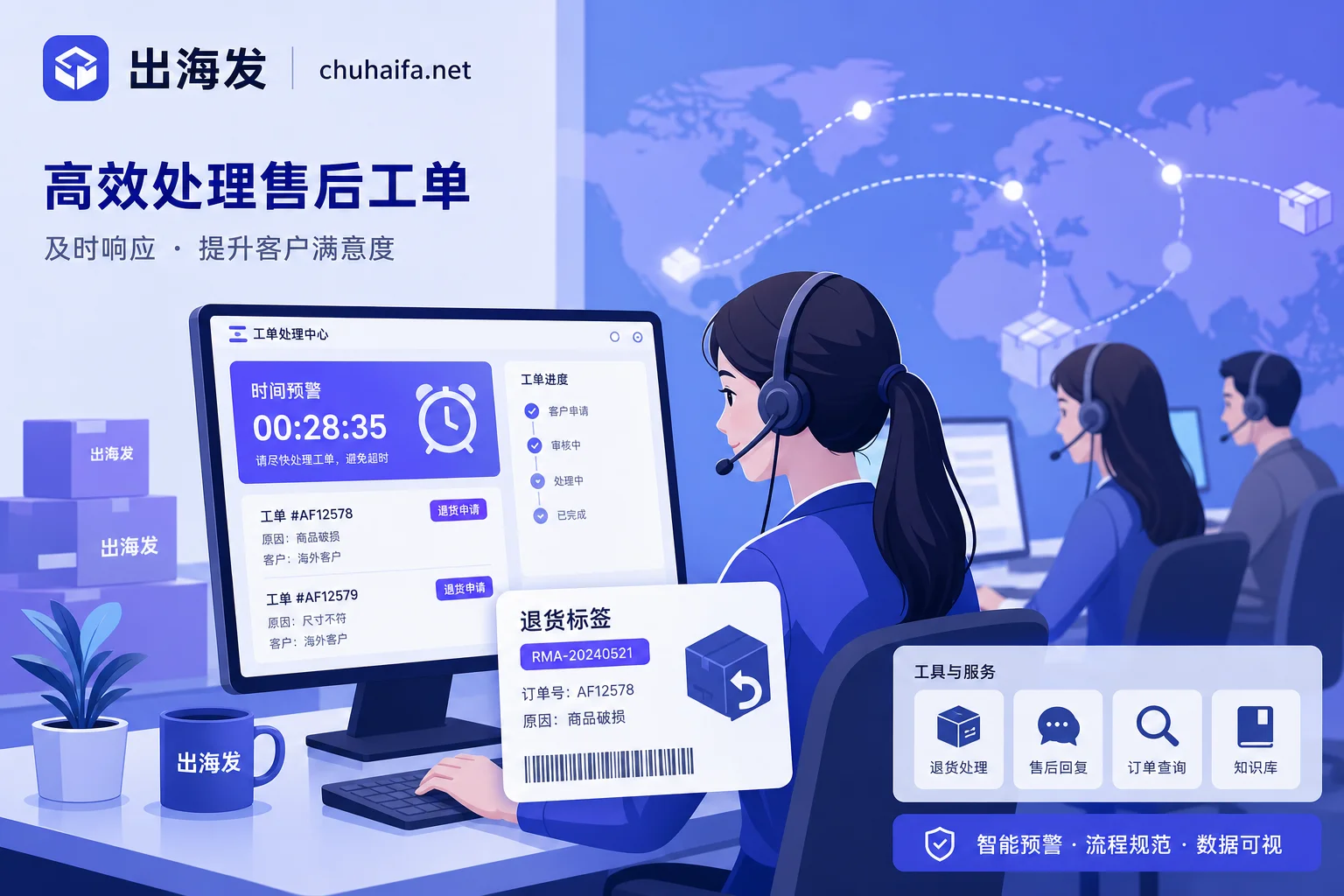 客服处理退货工单与时效预警图示