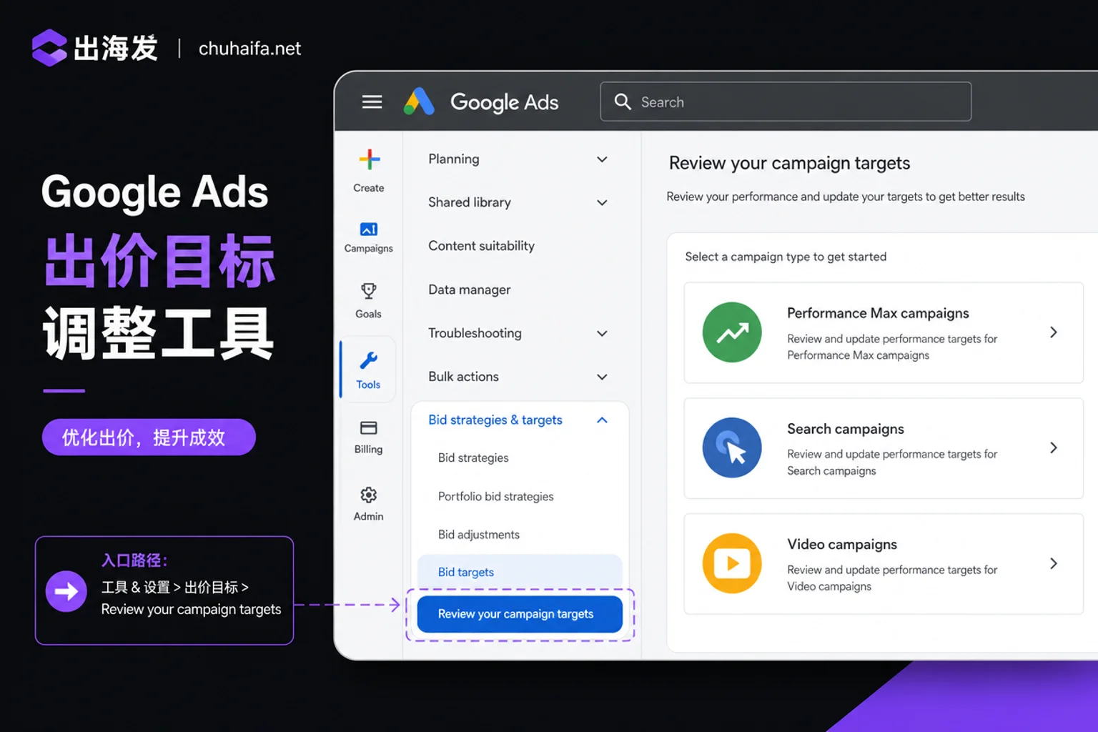 Google Ads出价目标调整工具入口
