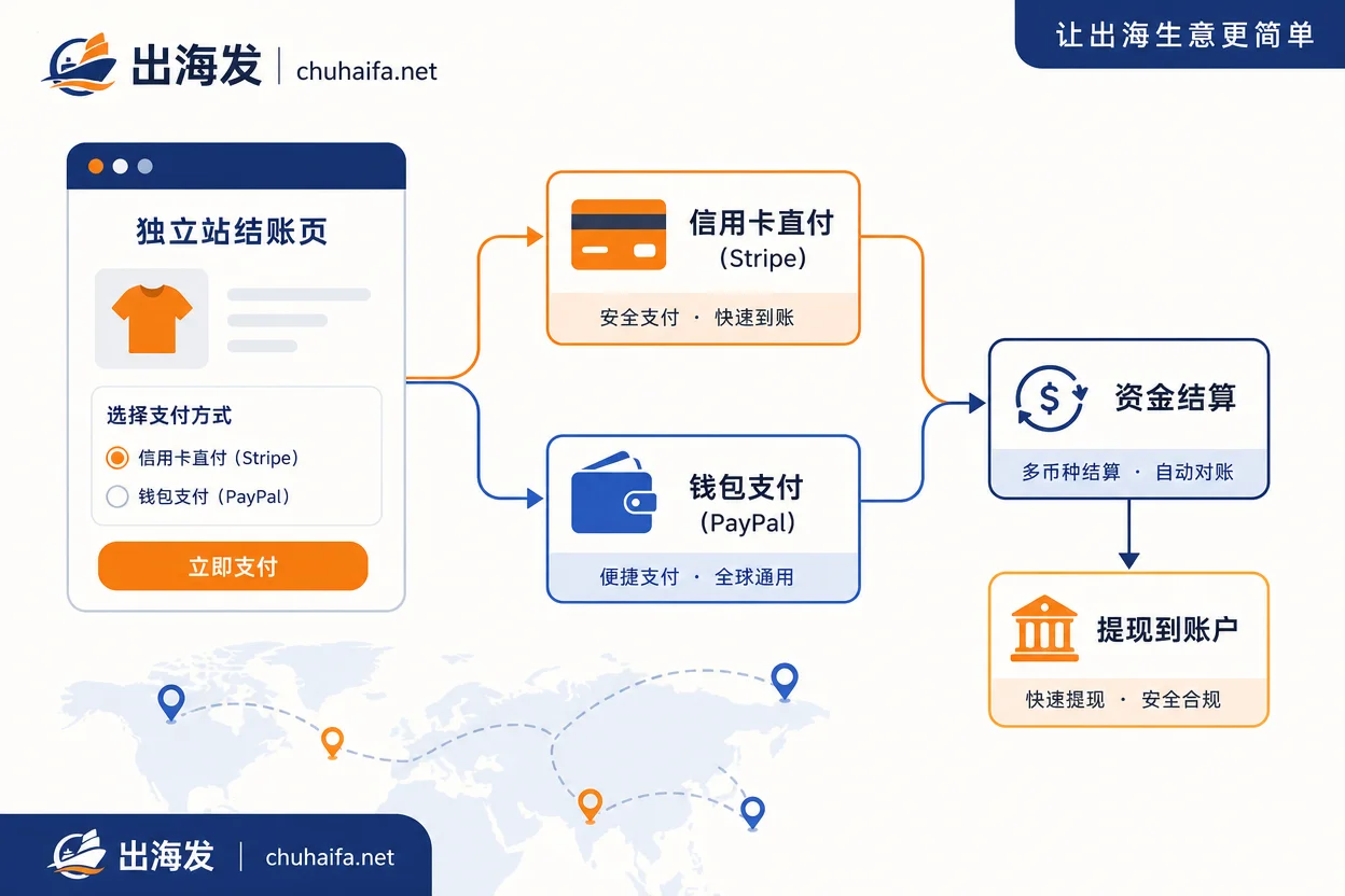 独立站结账页支付方式分流与资金提现流程图