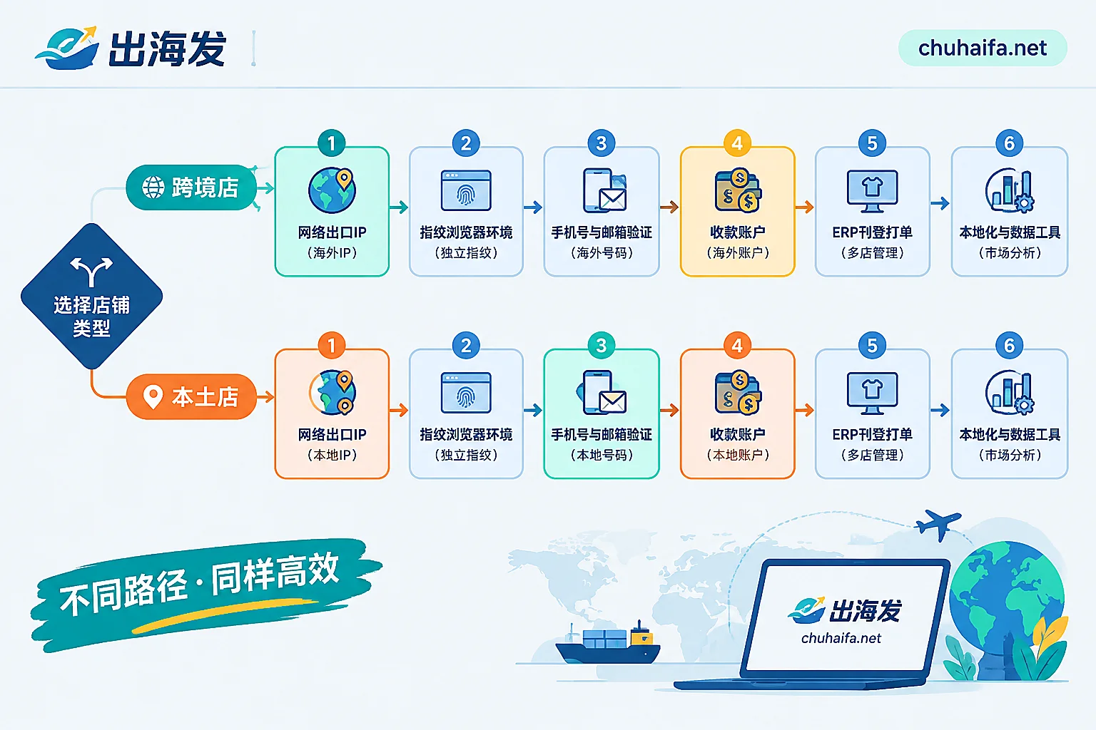 跨境店与本土店在开店工具链路上的差异对照流程图