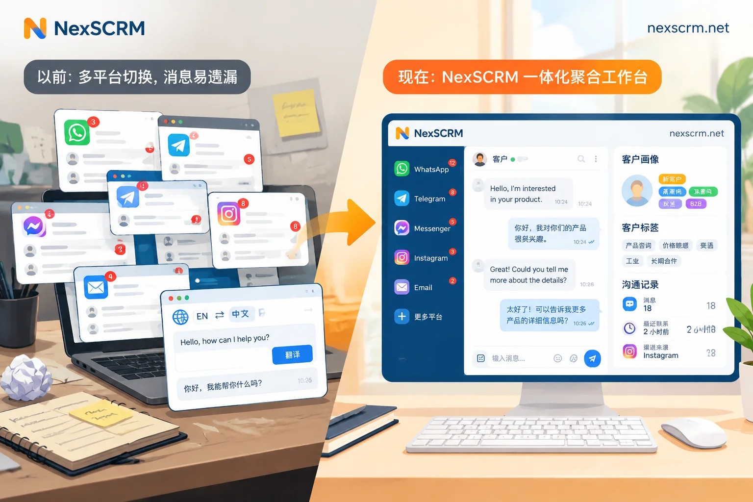 Comparison of traditional multi-software scattered management and NexSCRM multi-platform aggregation workstation Comparison of traditional multi-software scattered management and NexSCRM multi-platform aggregation workstation