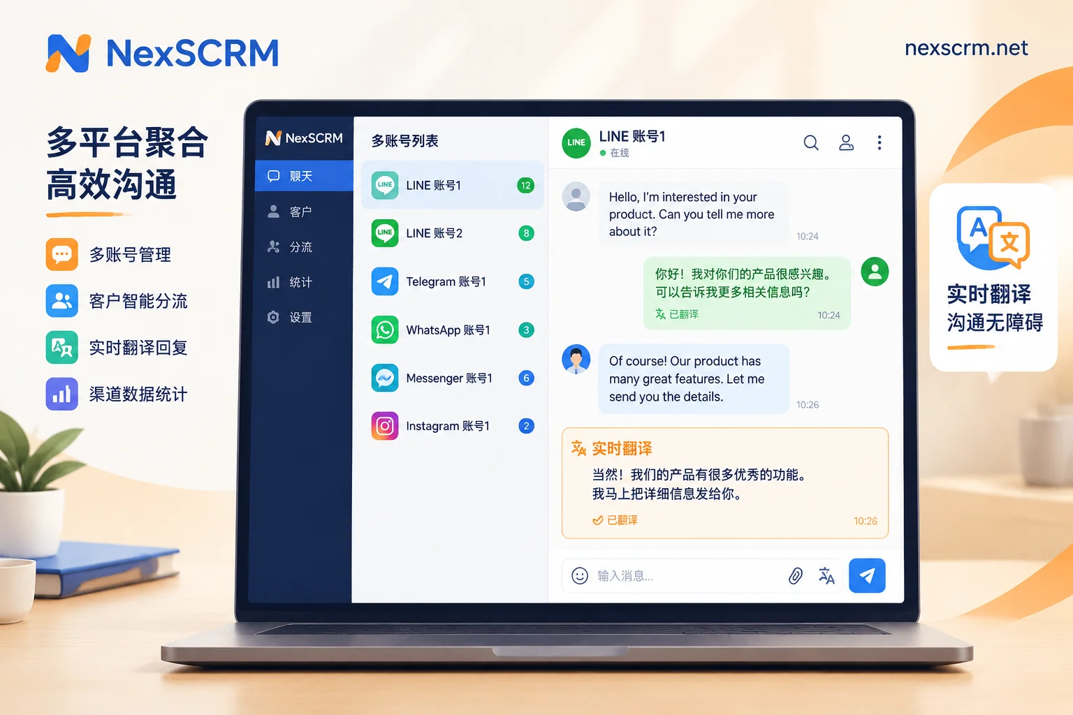 NexSCRM multi-account management and translation workbench view NexSCRM multi-account management and translation workbench view