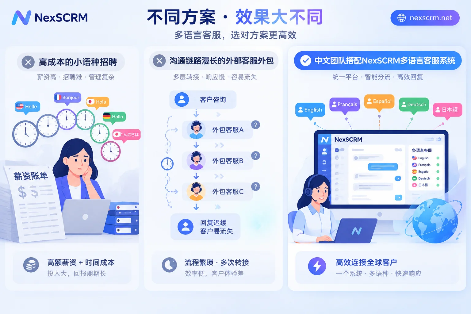 Comparison of in-house multilingual customer service, overseas customer service outsourcing, and deploying NexSCRM multilingual customer service system