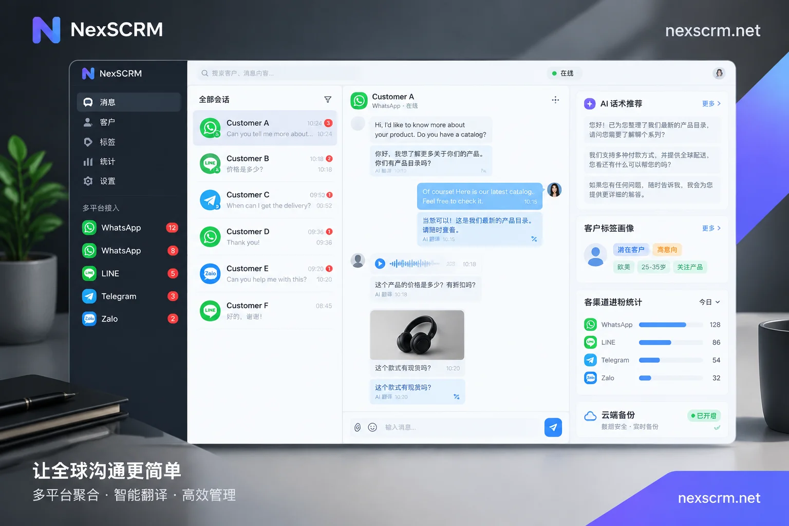 NexSCRM multi-account aggregation workbench enables original-translation comparison, AI script assistance, and customer profile retention
