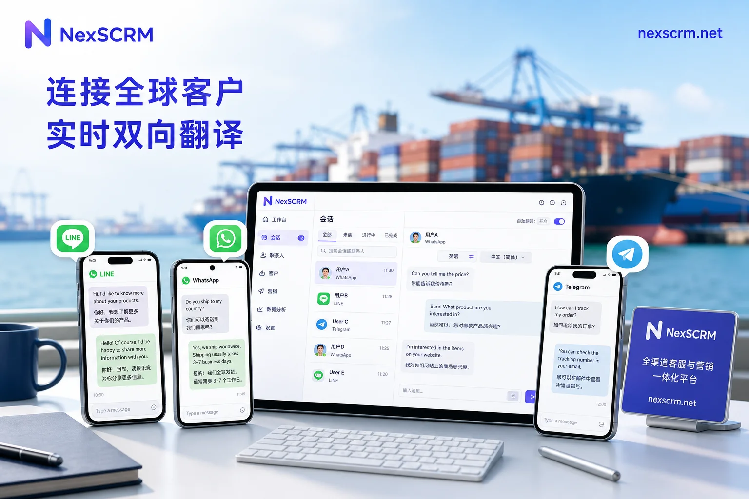 海外社媒获客多平台聊天界面与港口背景
