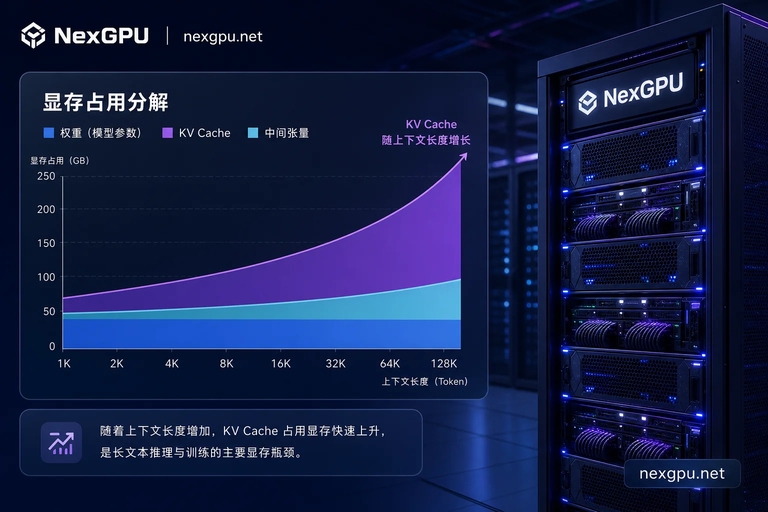 GPU显存占用分解示意图：权重、KV Cache、中间张量