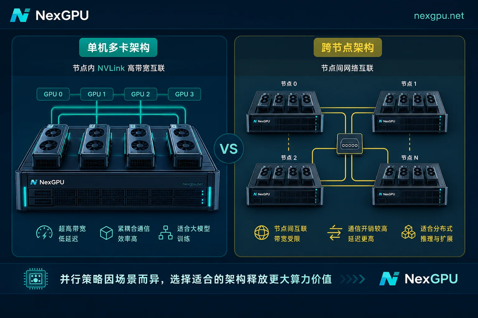 单机多卡与跨节点GPU集群拓扑对比图 单机多卡与跨节点GPU集群拓扑对比图