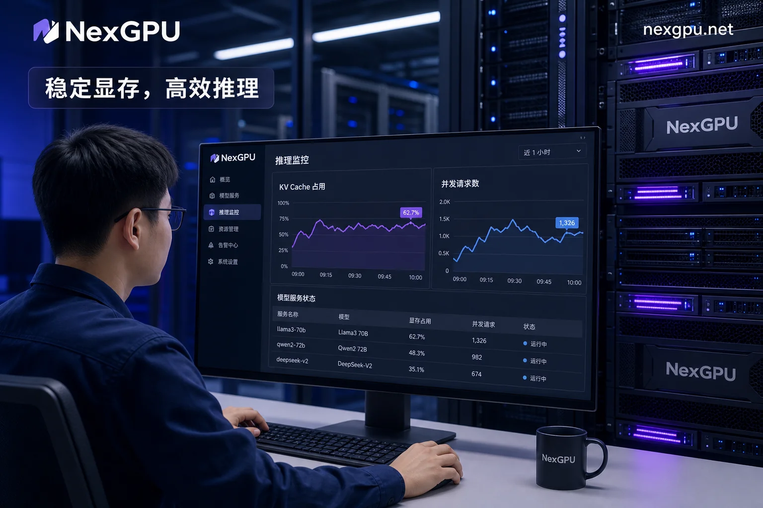 工程师检查KV Cache显存占用与并发监控