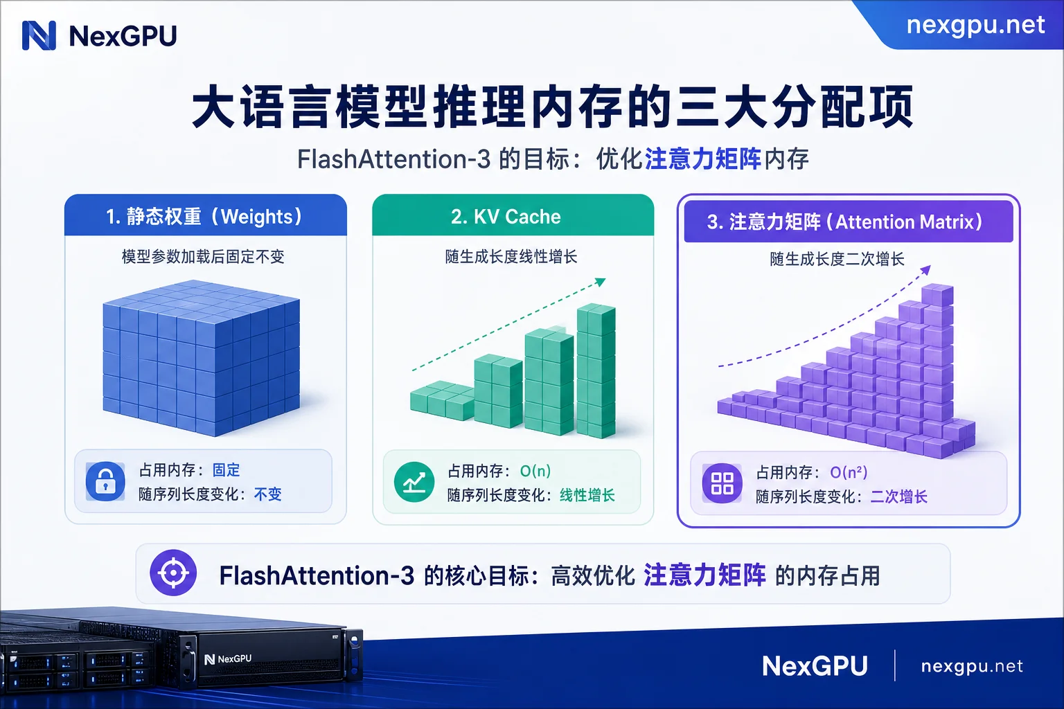 Transformer 推理显存三笔分账示意图：权重、KV Cache 与注意力中间矩阵