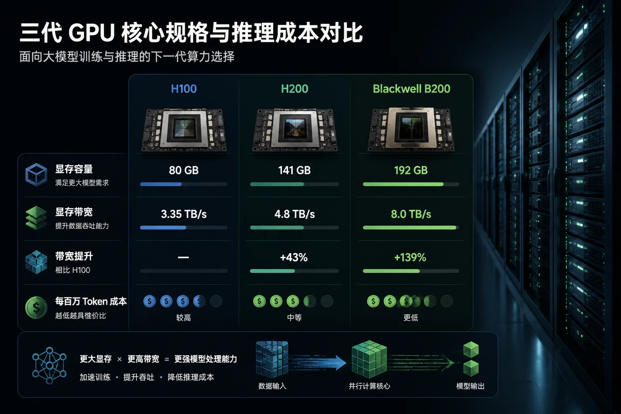 NVIDIA H100、H200与B200 GPU租用性能与显存对比图表