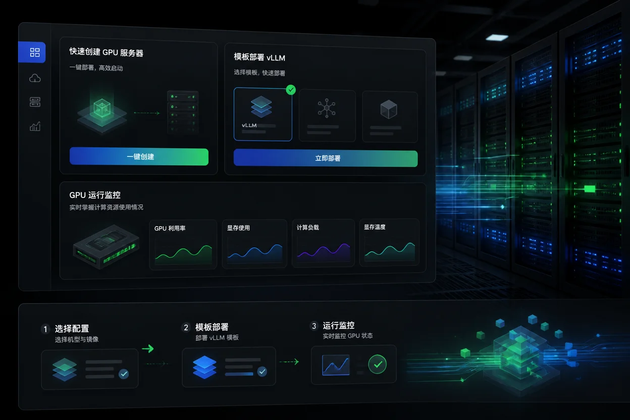 NexGPU算力平台GPU服务器租用与大模型模板化部署界面示意图
