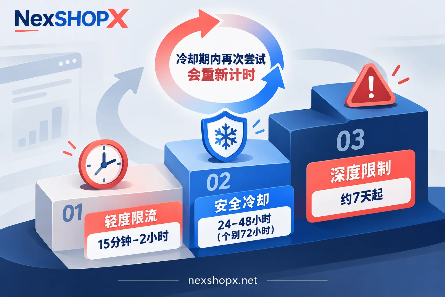 Diagram showing common wait times for three login lockout levels and how retrying during the cooldown restarts the timer