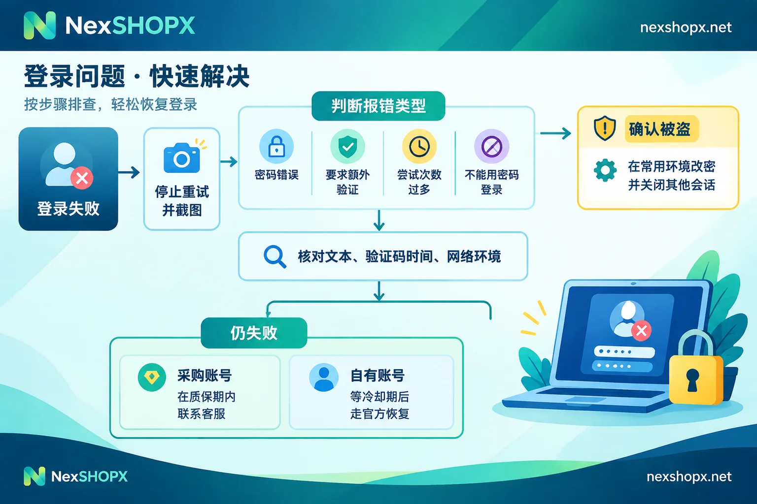Handling process after a login failure: stop and troubleshoot first, then decide whether to change the password or contact support