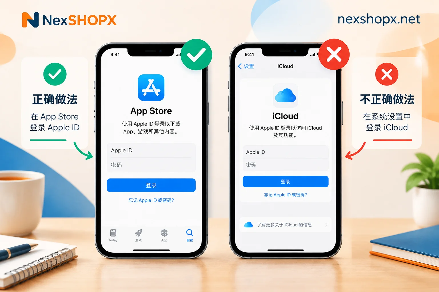 海外Apple ID正确登录App Store与禁止登录iCloud的对比示意 海外Apple ID正确登录App Store与禁止登录iCloud的对比示意