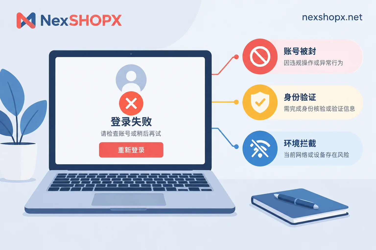 登录失败的三种原因：账号被封、身份验证、网络环境拦截