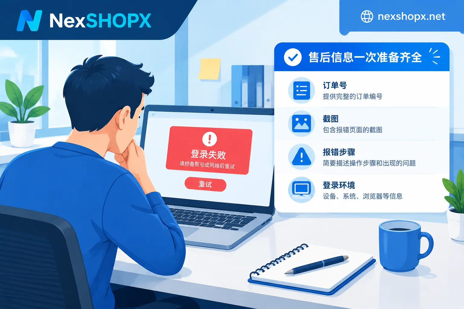 Buyer preparing after-sales information for account login failure according to a checklist