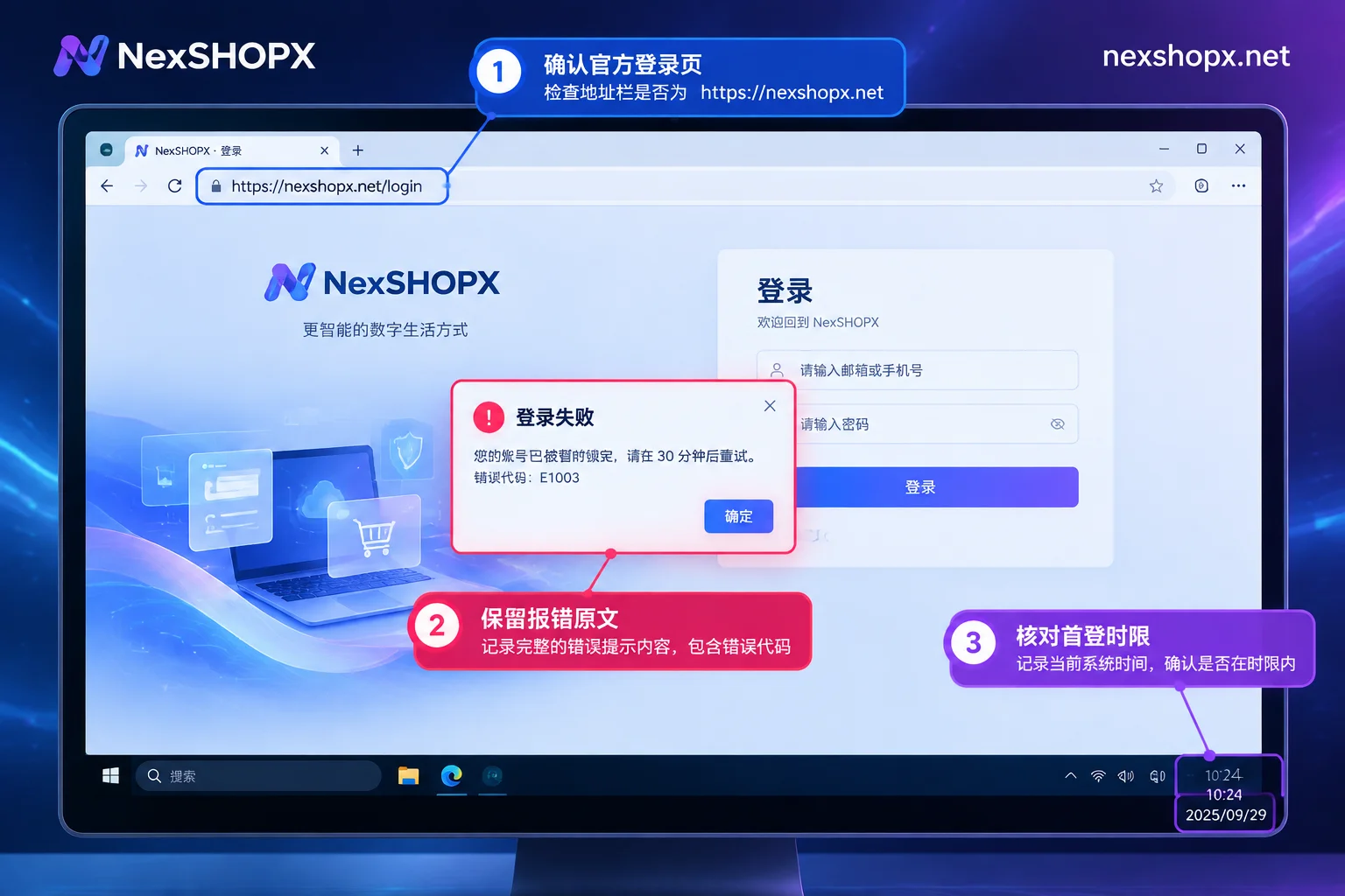 合格的报错全屏截图需同时包含地址栏网址、报错原文和系统时间