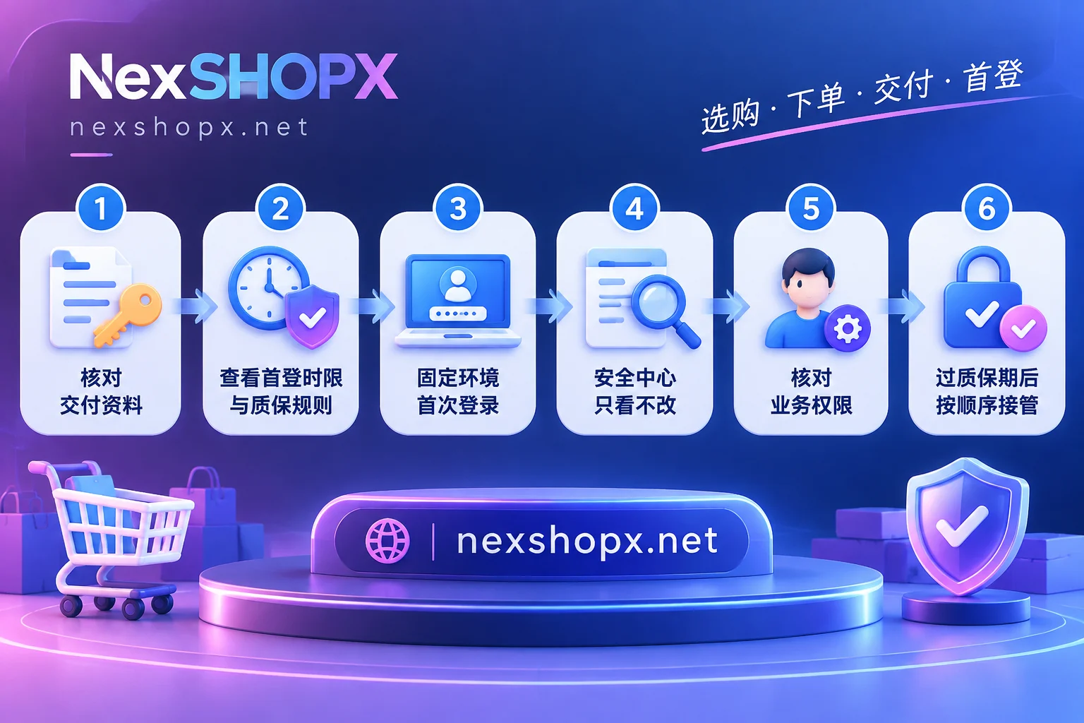 账号交接六步流程：核对资料、看质保规则、首次登录、检查安全设置、核对权限、按顺序接管