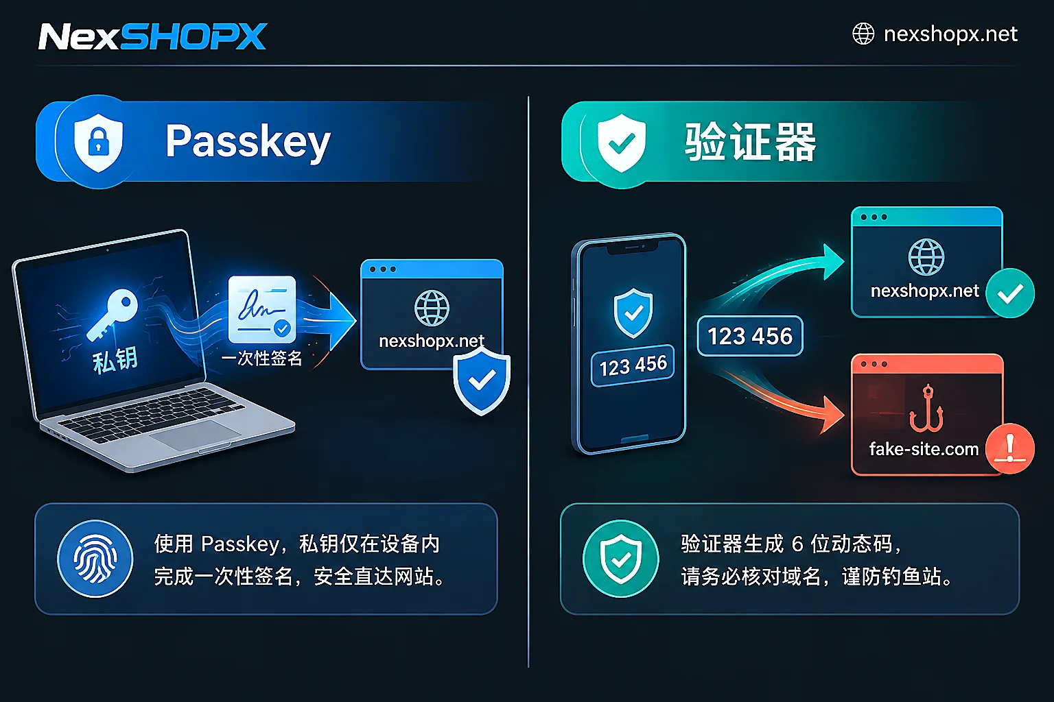 Diagram contrasting Passkey signatures sent only to legitimate domains with authenticator codes unrelated to domains