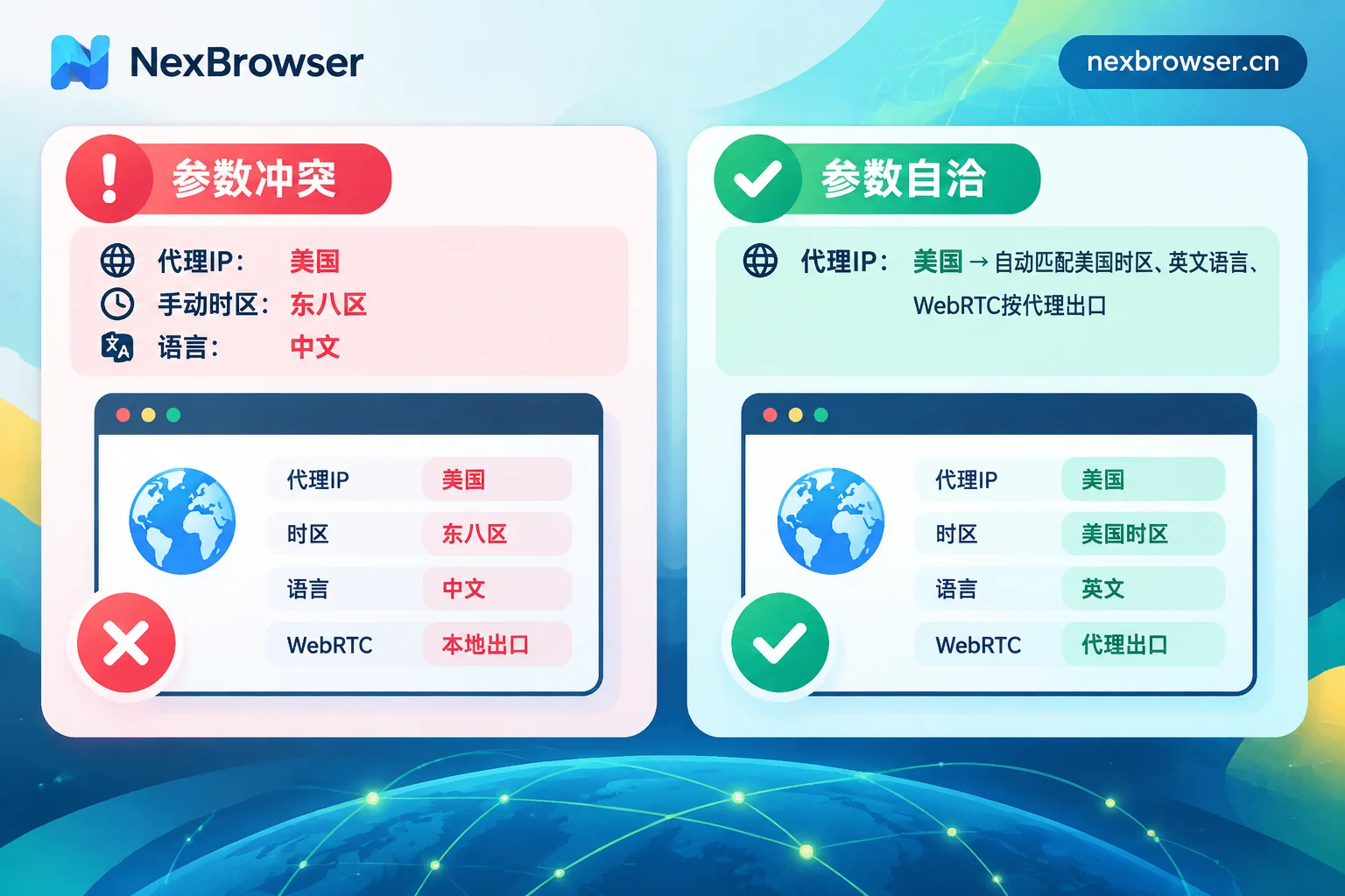 指纹参数冲突与随代理IP自动匹配自洽的对比示意图 指纹参数冲突与随代理IP自动匹配自洽的对比示意图