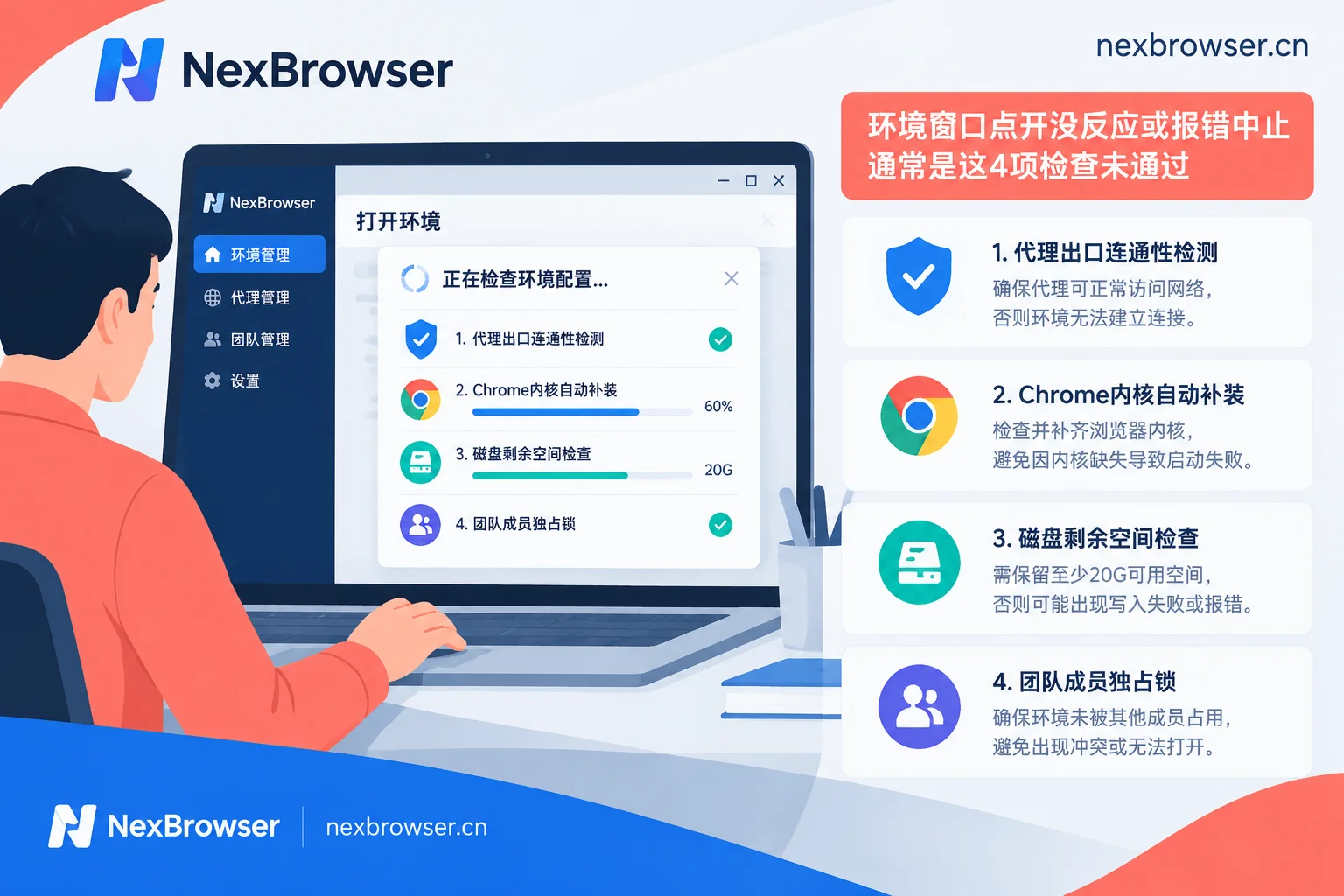 NexBrowser环境窗口启动前的四项检查:代理检测、内核补装、磁盘空间与协作状态 NexBrowser环境窗口启动前的四项检查:代理检测、内核补装、磁盘空间与协作状态
