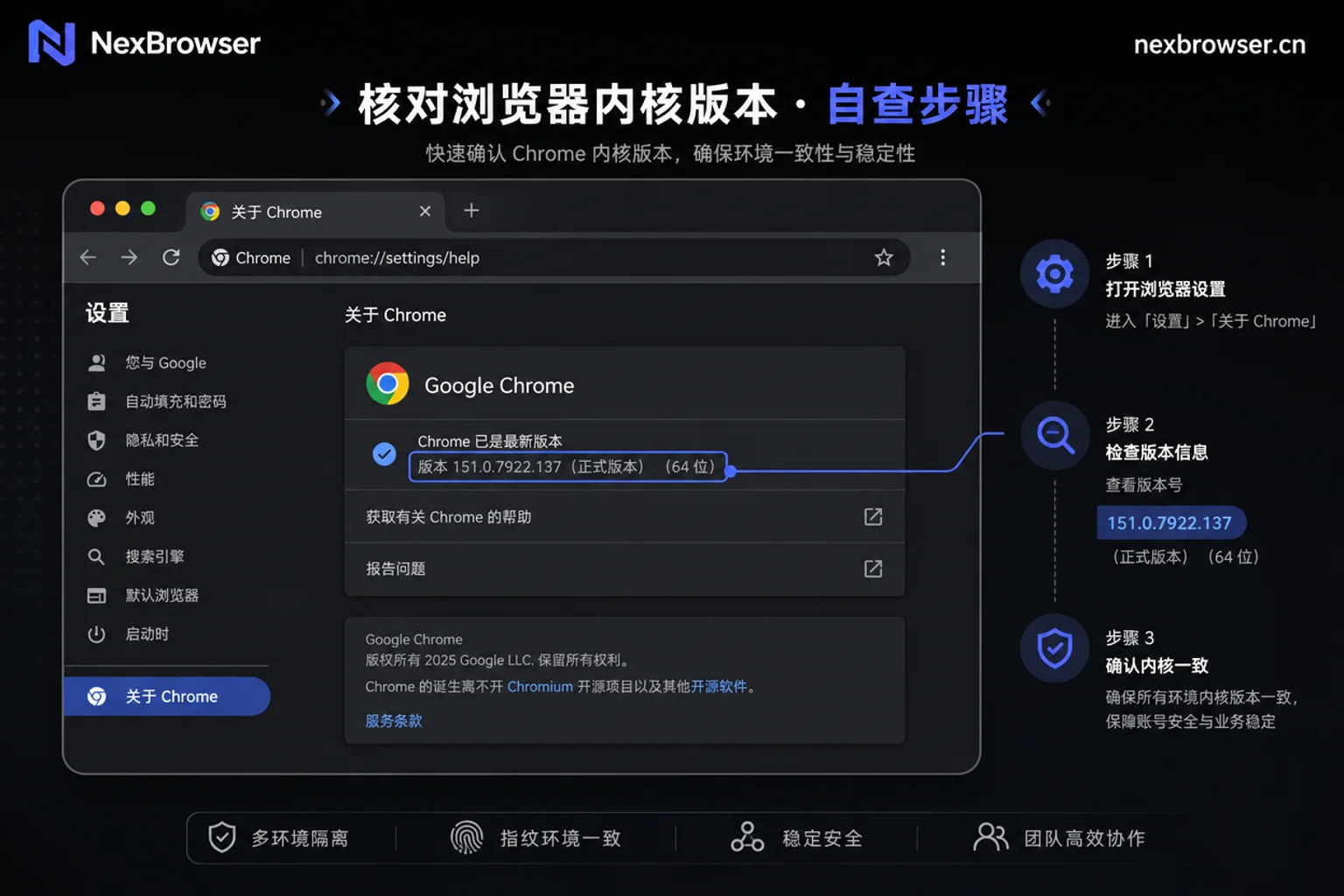 浏览器设置页面显示Chrome内核版本号