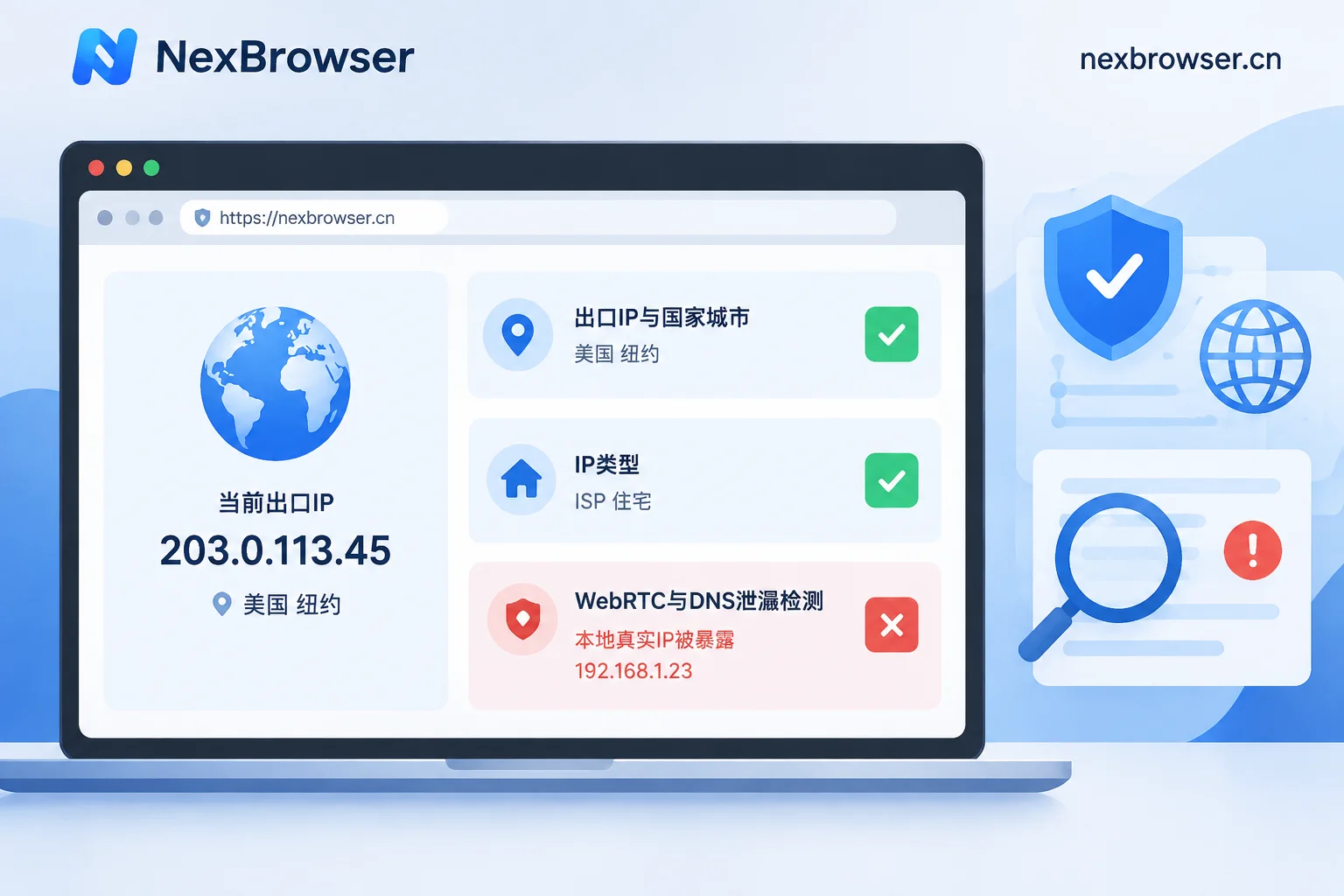 绑定代理后必须复测的三项检查:出口IP、IP类型、WebRTC与DNS泄漏 绑定代理后必须复测的三项检查:出口IP、IP类型、WebRTC与DNS泄漏