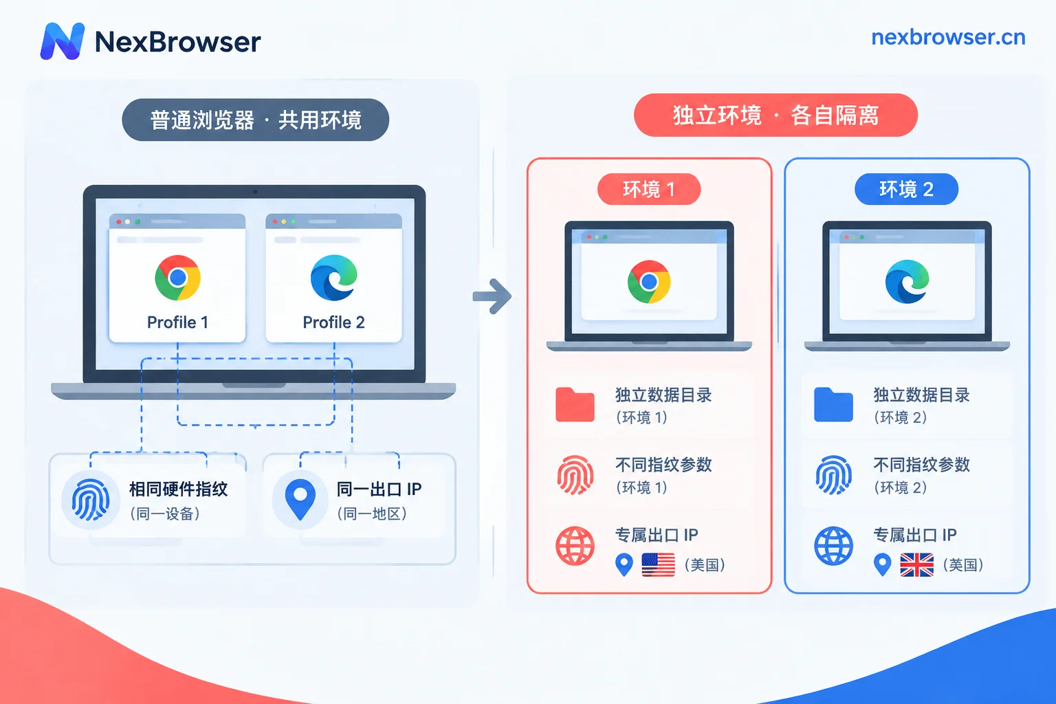 普通浏览器多 Profile 与独立环境在数据、指纹、网络三层上的差异对比 普通浏览器多 Profile 与独立环境在数据、指纹、网络三层上的差异对比