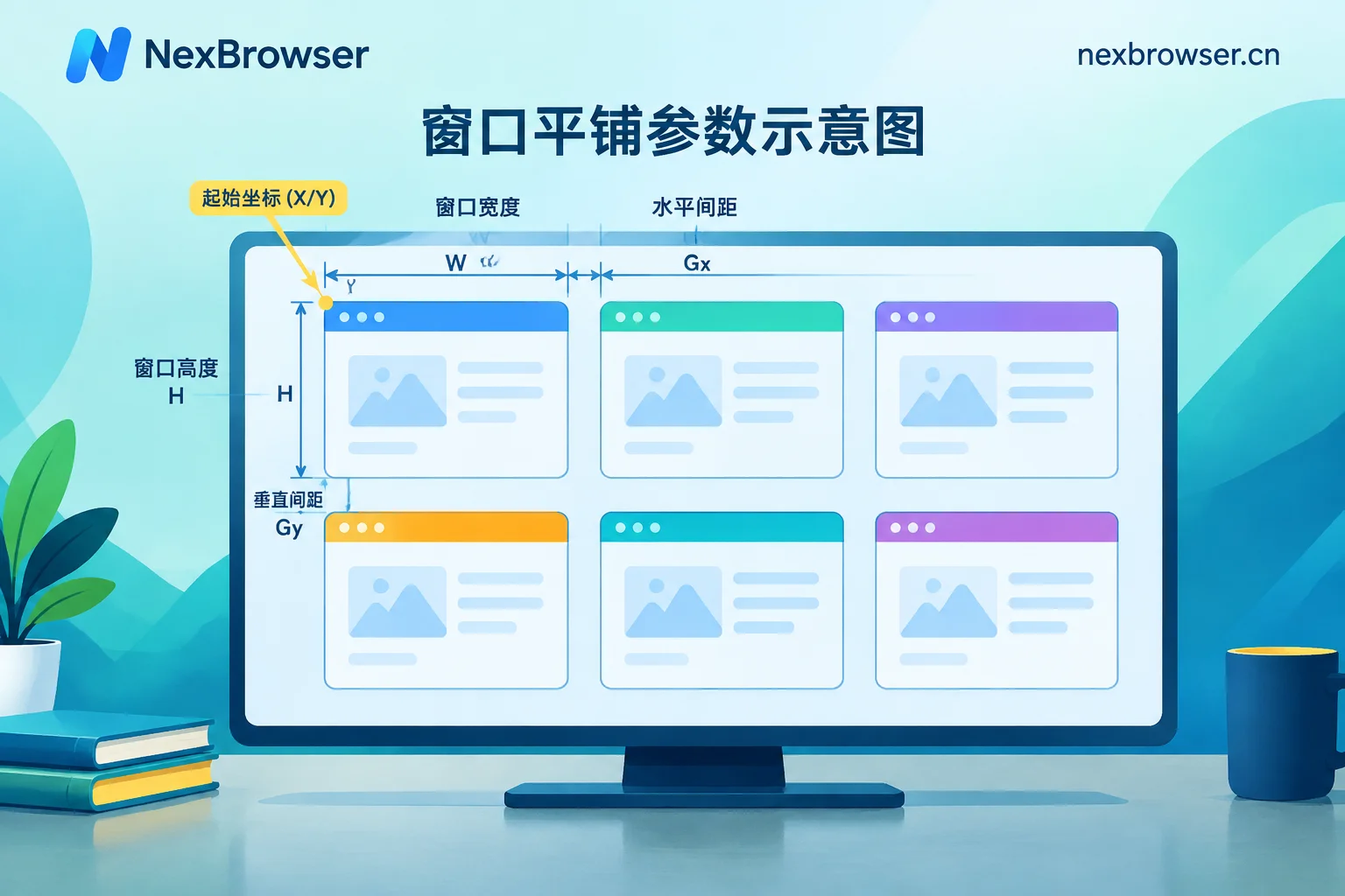 窗口平铺排列的参数示意:起始坐标、窗口宽高、水平与垂直间距、每行窗口数量 窗口平铺排列的参数示意:起始坐标、窗口宽高、水平与垂直间距、每行窗口数量