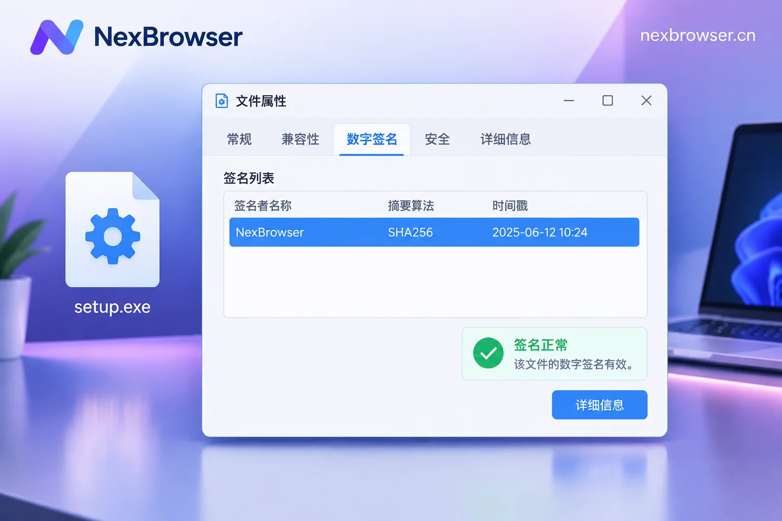 Windows 安装包属性中数字签名选项卡的验证界面示意 Windows 安装包属性中数字签名选项卡的验证界面示意
