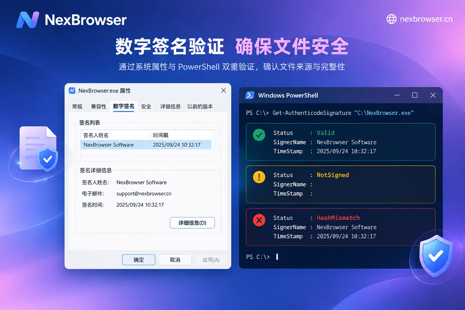 属性窗口与 PowerShell 两种核对签名方式的对照示意 属性窗口与 PowerShell 两种核对签名方式的对照示意